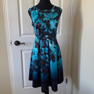 Teal & Black Floral Ombre Print Fit & Flare Dress